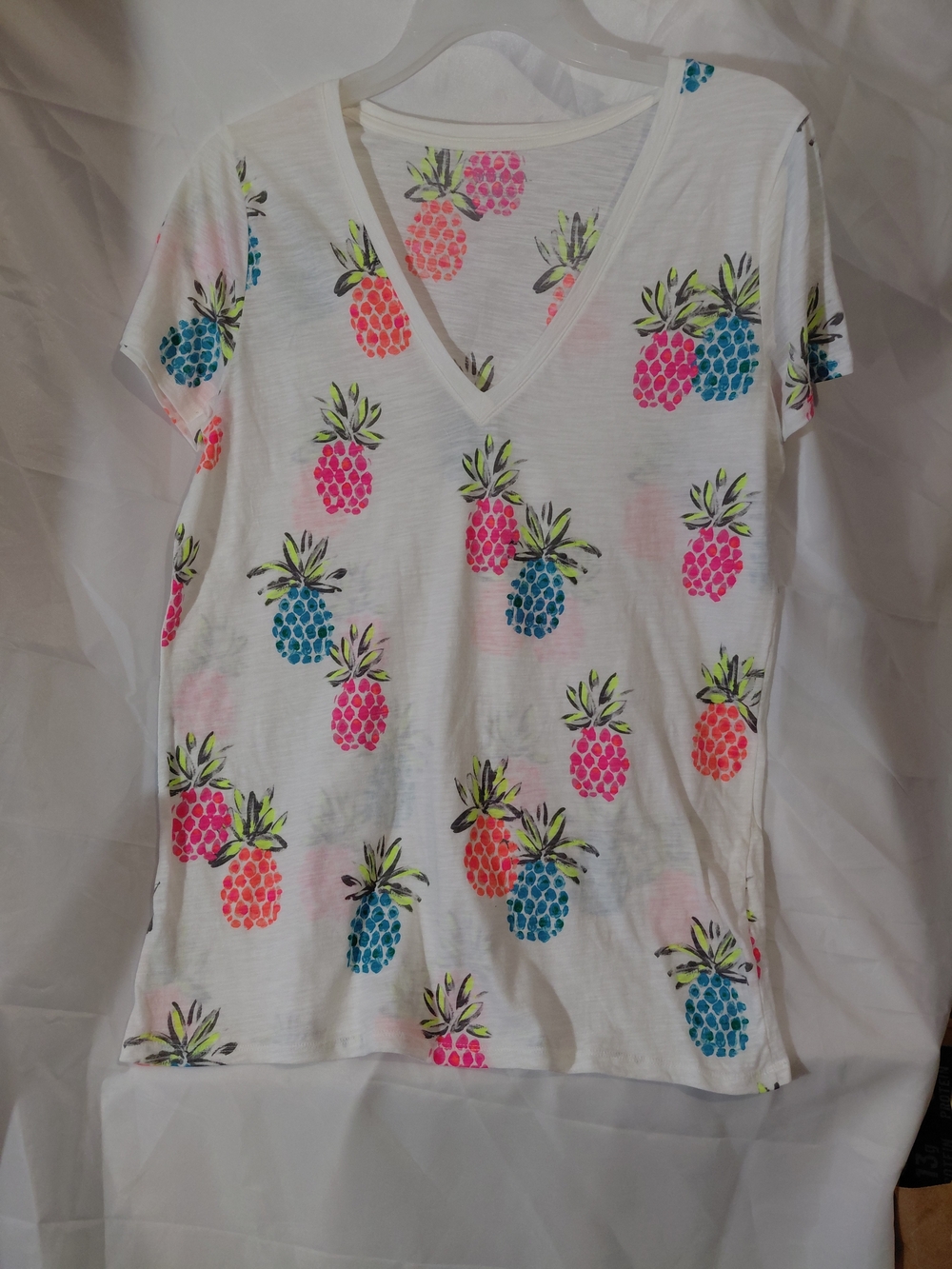 Merona White V-Neck Pineapple Tee with Pink & Blue Fruit Print